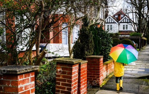 Preview: Rear view of boy in yellow anorak carrying umbrella along street