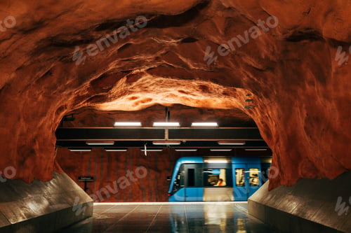 Preview: SWEDEN, STOCKHOLM - APRL 27, 2018: Modern designed Radhuset metro station in Stockholm, Sweden