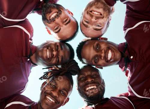 Preview: Happy man, rugby and face of team in huddle for outdoor sports motivation, teamwork or support belo