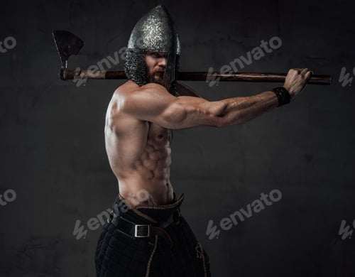 Preview: Frenzied naked nord warrior calling to fiight in dark background
