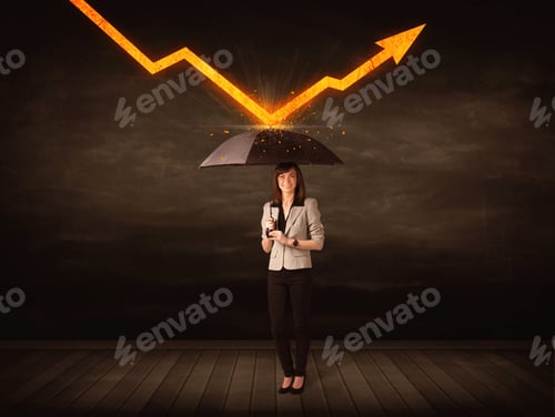 Preview: Businesswoman Standing With Umbrella Keeping Orange Arrow Concept On Background