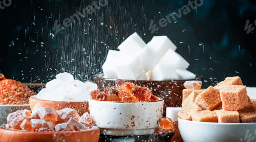 Preview: Assorted different types of sugar in bowls on a table on a dark background