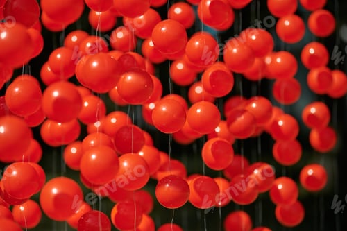 Preview: Red balls suspended on wire, outdoor art object symbolizing blood cells and human health