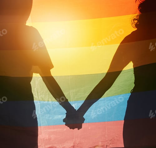 Preview: LGBT, rainbow flag and couple silhouette holding hands for gay pride, non binary support or lesbian