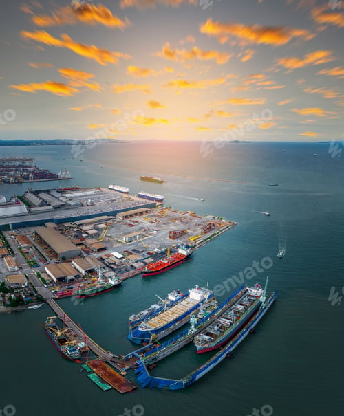 Preview: cargo container ship at dry dock concept maintenance service working in the sea. Insurance a