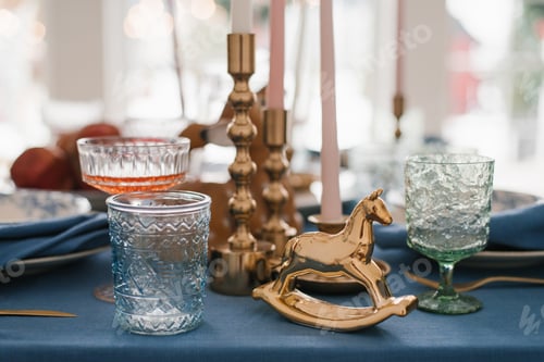 Preview: Vintage Horse, Glass Glasses and Candlesticks in Festive Setting of Christmas Table