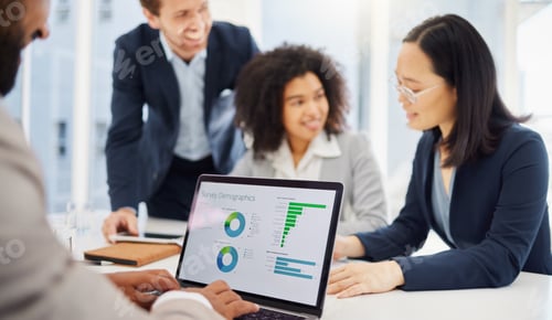 Preview: Closeup of a businessman analysing survey demographics from digital stats and data on a laptop in a