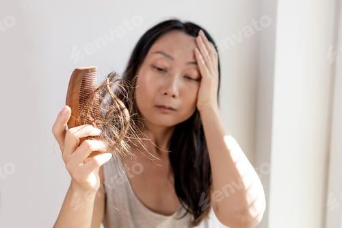 Preview: Young brunette girl holds a comb with hair falling out in her hand, looks worried and frustrated.