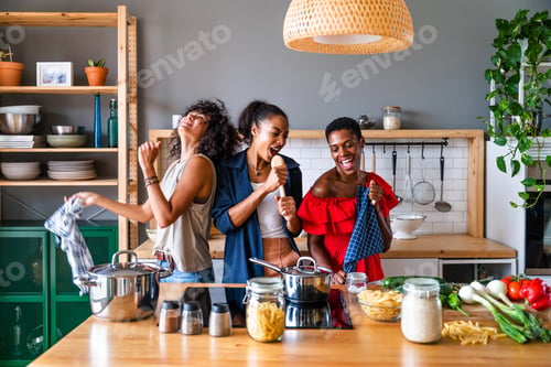 Preview: Three mixed race hispanic and black women bonding at home