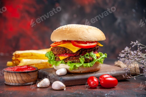 Preview: front view meat burger with cheese salad and tomatoes on dark desk meal bun sandwich