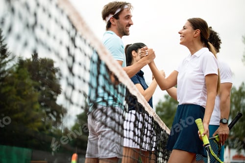 Preview: Fit happy poeple playing tennis together. Sport concept