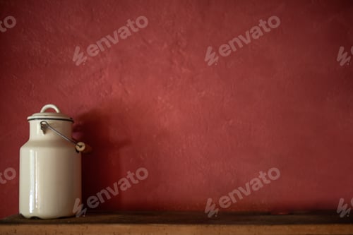 Preview: Milk can on table in front of red painted wall