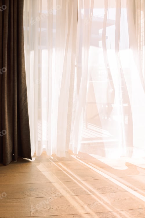 Preview: Modern room interior with an open window in minimal style. Transparent tulle with morning sun rays o