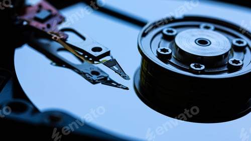 Preview: Macro Close up of inside of magnetic Hard Disc Drive