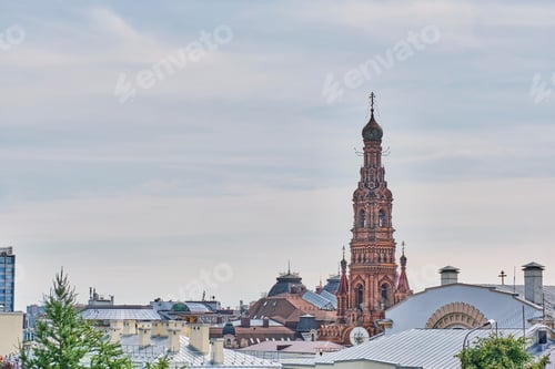 Preview: Roofs of buildings in downtown Kazan, Russia. Bell tower of Epiphany Cathedral.