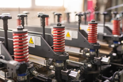 Preview: Row of red spiral details of contemporary industrial or technical equipment