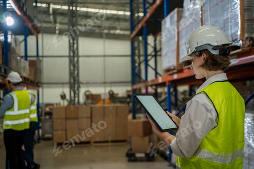 Preview: Warehouse worker checking stock products in a large distribution warehouse.