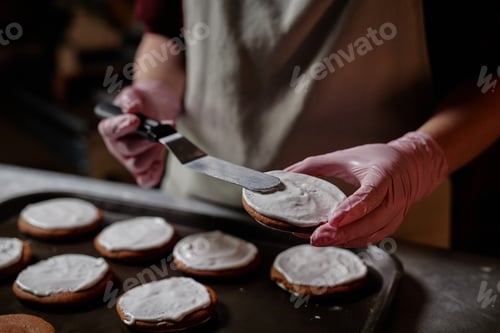 Preview: Hands of Female Confectioner Icing Bun with Spatula while Baking Pastries Indoors