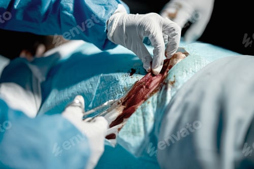 Preview: Surgeon hands, cut blood and doctor hand with medical surgeon scissors for hospital and clinic emer