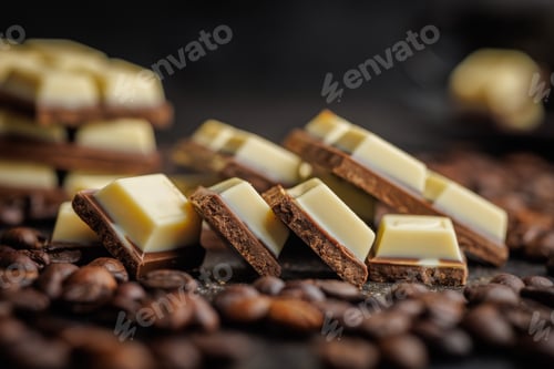 Preview: White light dark chocolate bars and coffee beans on black table.