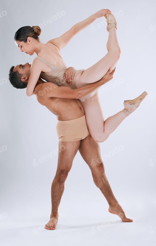 Preview: Ballet dancing couple, studio background and lift, balance and art movement with beauty in training.