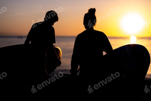 Preview: People paddle boarding together on calm water at sunset create a peaceful lifestyle outdoor