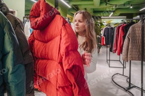 Preview: Browsing clothes on rack in fashion store. Selecting apparel for purchase, retail shopping