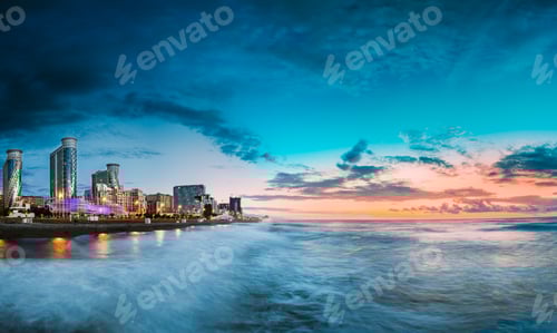 Preview: Batumi, Adjara, Georgia. Panorama Of Illuminated Resort Town At