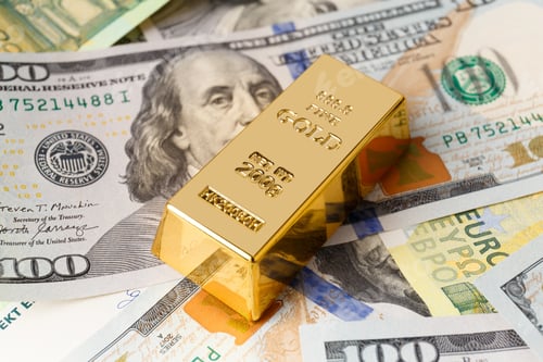 Preview: Gold bars, dollar and euro banknotes close-up as a background.