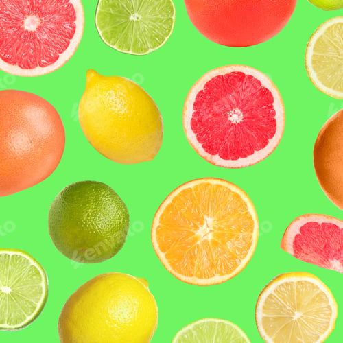 Preview: Many different fresh citrus fruits in air on light green background