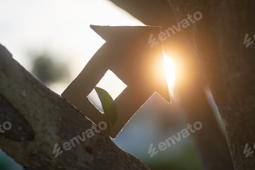Preview: Sustainable engineering concept, cardboard house with sunlight in the back.