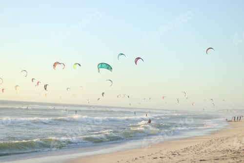 Preview: beach with many people busy wind surfing