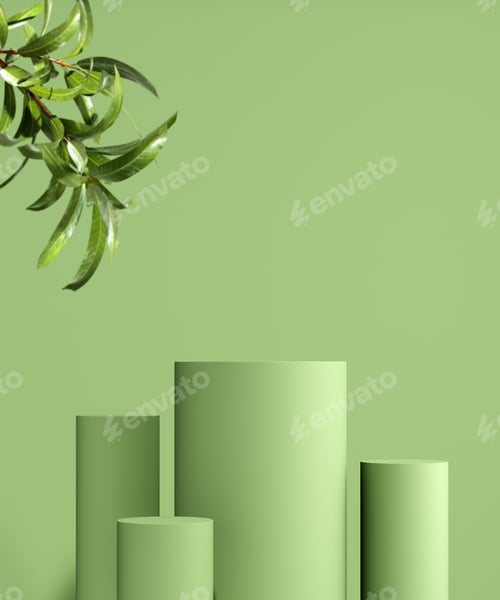 Preview: Showcase podium for natural cosmetic product. Empty scene with green leaves on monochrome background