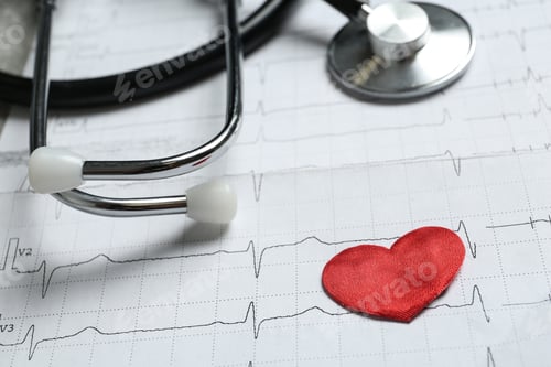 Preview: Red decorative heart and stethoscope on cardiogram report, closeup