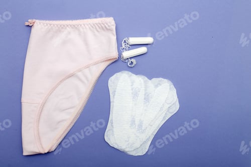 Preview: women's briefs with tampons and panty liners . hygiene and women's health care concept
