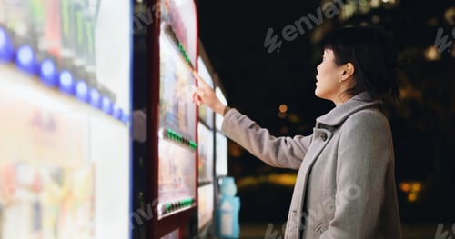 Preview: Vending machine, woman and phone payment at night, automatic digital purchase or choice of food in