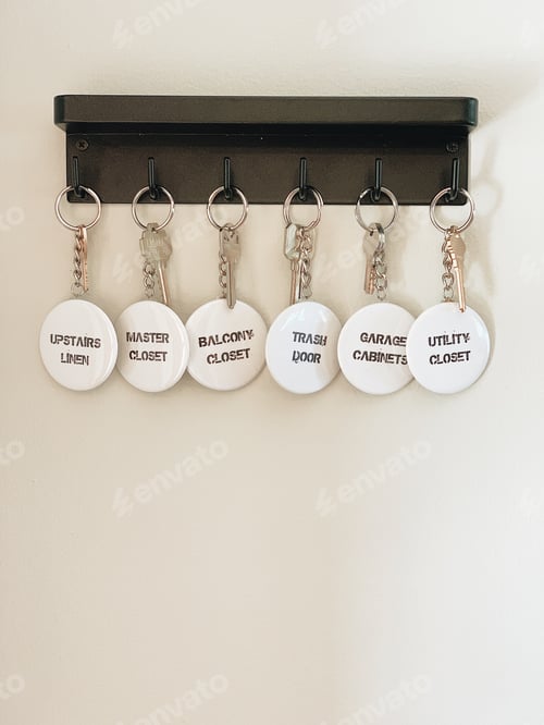 Preview: Keychains with labels hang on a light colored wall
