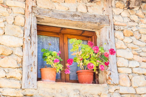 Preview: Low-shot closeup of an old window with flower pots in Soria, Spain