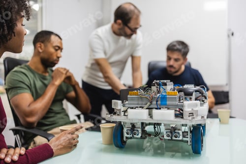 Preview: Engineers developing innovative robotics technology in modern factory
