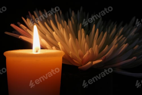 Preview: Burning Candle With White Flower - Photograph Of A Burning Candle With A White Flower Next To It