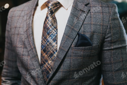 Preview: Closeup of the torso of a man in a gray check suit and white shirt with check paisley tie