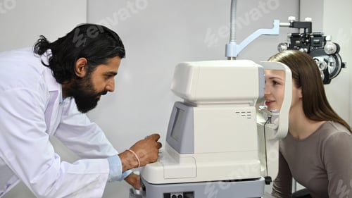 Preview: Indian male ophthalmologist examining eyes of a patient with digital microscope.