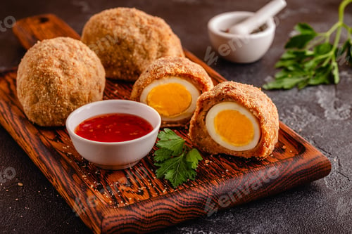 Preview: Traditional Scotch Eggs on a wooden board.