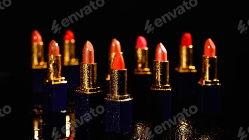 Preview: drops of water in different shades of red lipsticks on black background