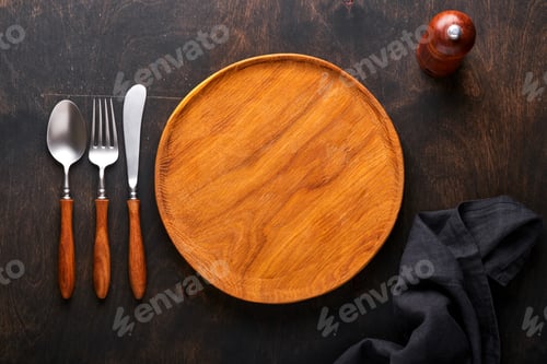 Preview: Vintage silverware. Rustic vintage set of wooden spoon and fork on wooden platter on black wooden ba