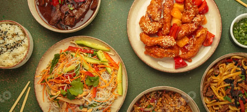 Preview: Variety of Chinese food dishes top view on table with chopsticks, cuisine of China