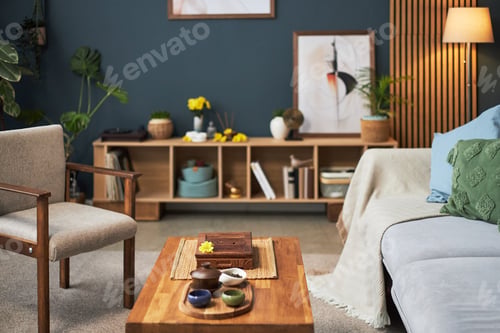 Preview: Traditional Asian Tea Set Arranging on Wooden Table in Modern Living Room