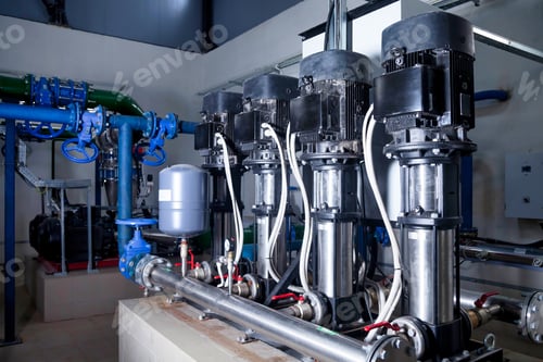 Preview: Industrial interior of water pump, valves, pressure gauges