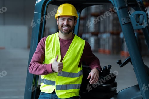 Preview: Bearded man, driver showing thumbs up, wearing helmet, standing near forklift, looking at camera