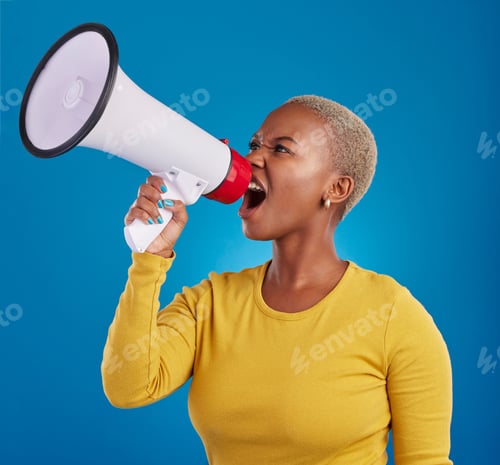 Preview: Megaphone, shouting and angry black woman in studio for message, broadcast or vote on blue backgrou
